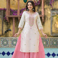 Juniper Ivory & Pink Solid Cotton Long Dress With Thread & Mirror Work