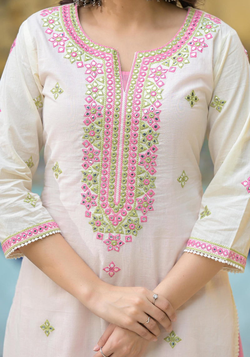 Juniper Ivory & Pink Solid Cotton Long Dress With Thread & Mirror Work