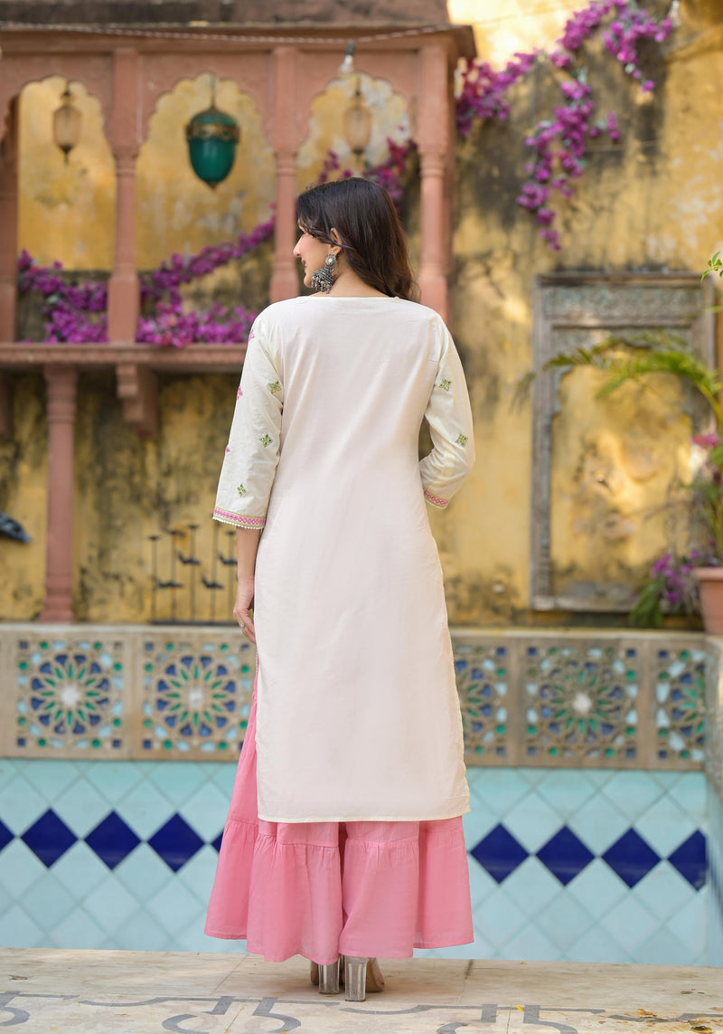 Juniper Ivory & Pink Solid Cotton Long Dress With Thread & Mirror Work