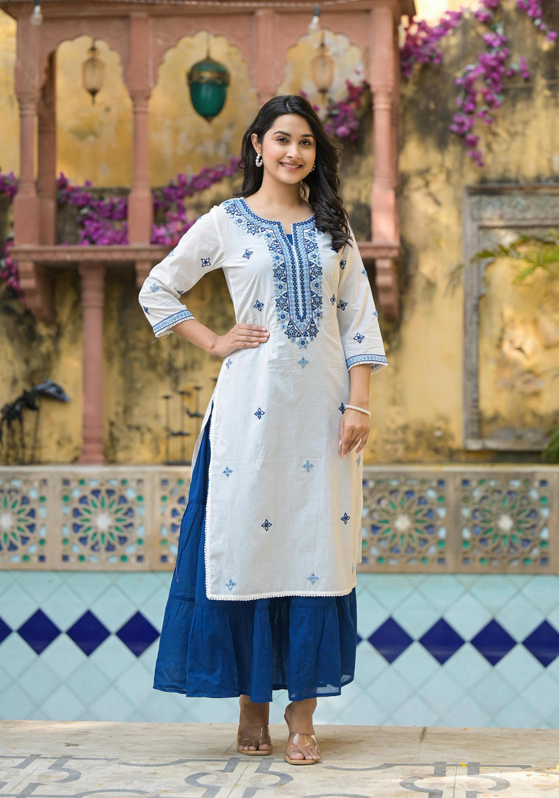 Juniper White & Blue Solid Cotton Long Dress With Thread & Mirror Work