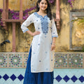 Juniper White & Blue Solid Cotton Long Dress With Thread & Mirror Work