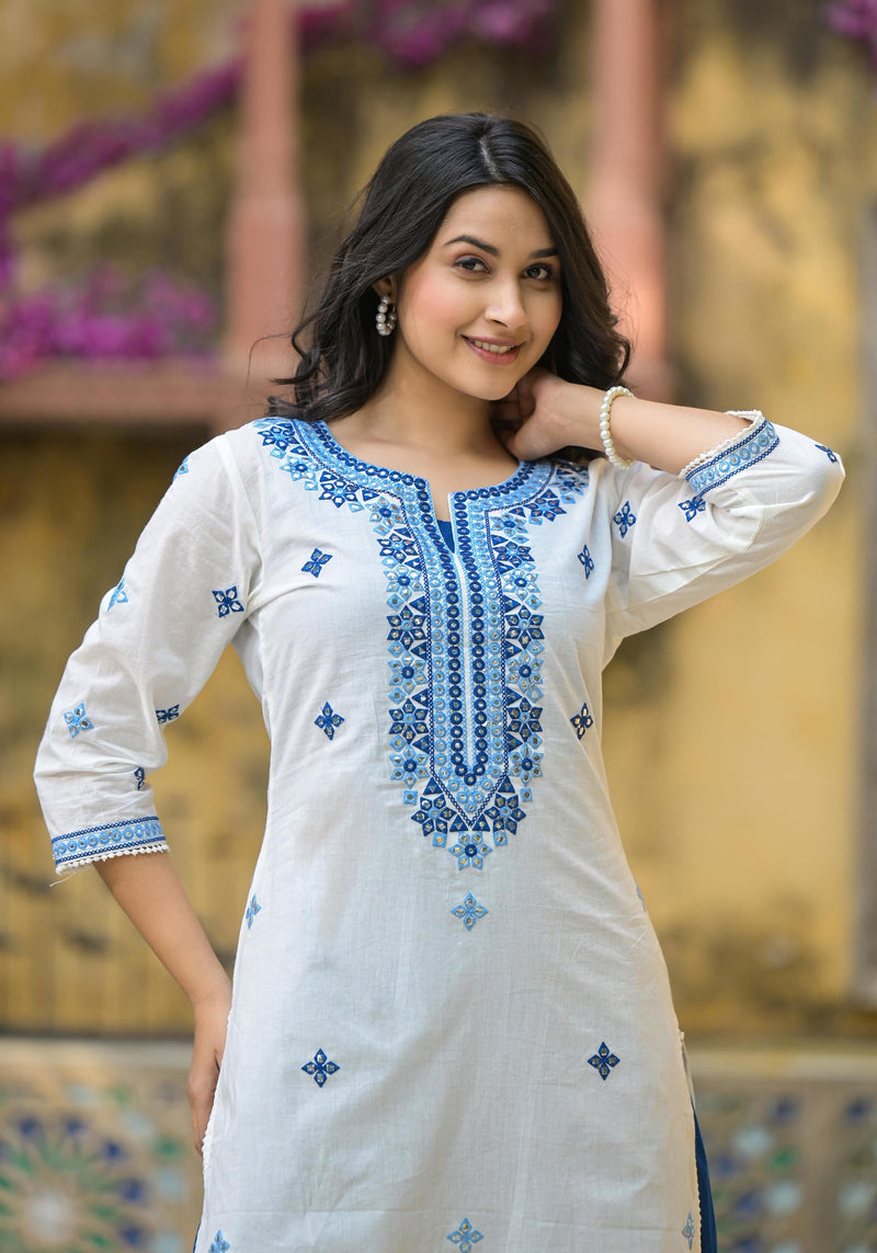 Juniper White & Blue Solid Cotton Long Dress With Thread & Mirror Work