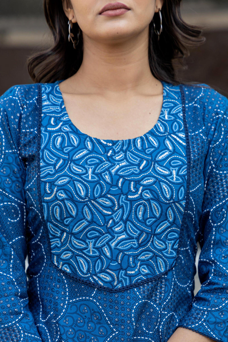 Juniper Blue Ethnic Motif Printed Viscose Kurta With Sequins
