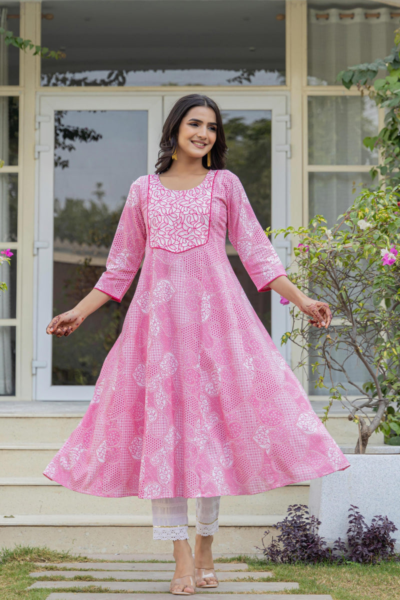 Juniper Pink Ethnic Motif Printed Viscose Kurta With Sequins