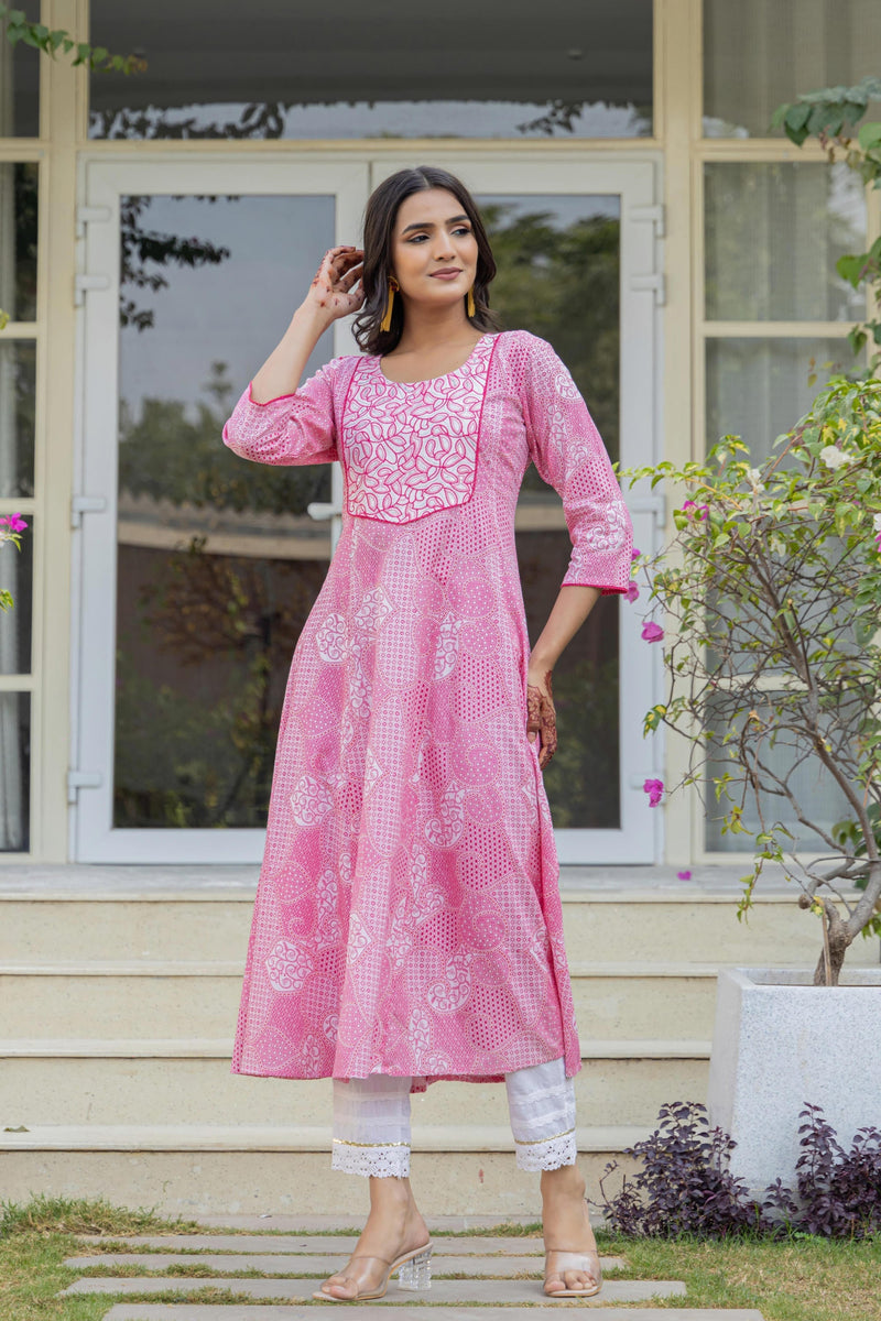 Juniper Pink Ethnic Motif Printed Viscose Kurta With Sequins