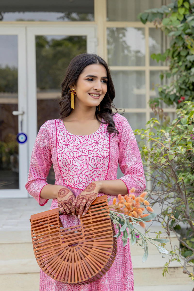 Juniper Pink Ethnic Motif Printed Viscose Kurta With Sequins