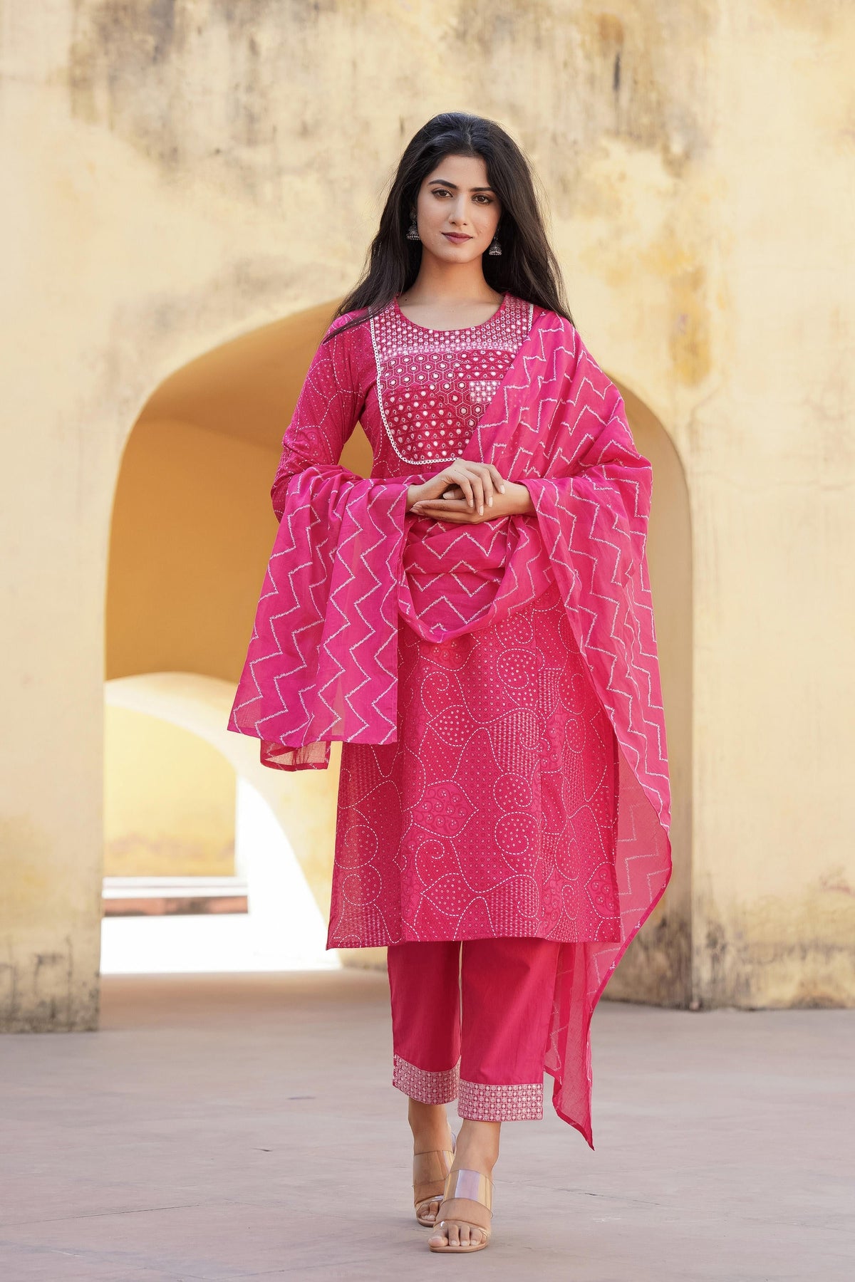 Juniper Fuchsia Ethnic Motif Printed Cotton Kurta Pant And Dupatta Set With Mirror & Thread Work