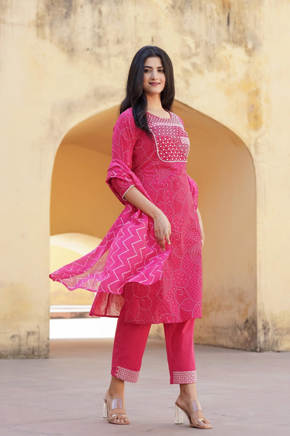 Juniper Fuchsia Ethnic Motif Printed Cotton Kurta Pant And Dupatta Set With Mirror & Thread Work