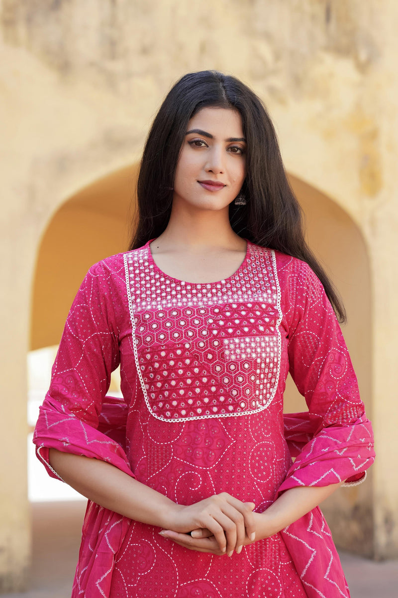 Juniper Fuchsia Ethnic Motif Printed Cotton Kurta Pant And Dupatta Set With Mirror & Thread Work