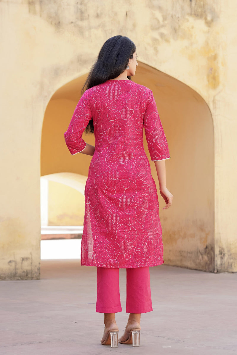 Juniper Fuchsia Ethnic Motif Printed Cotton Kurta Pant And Dupatta Set With Mirror & Thread Work