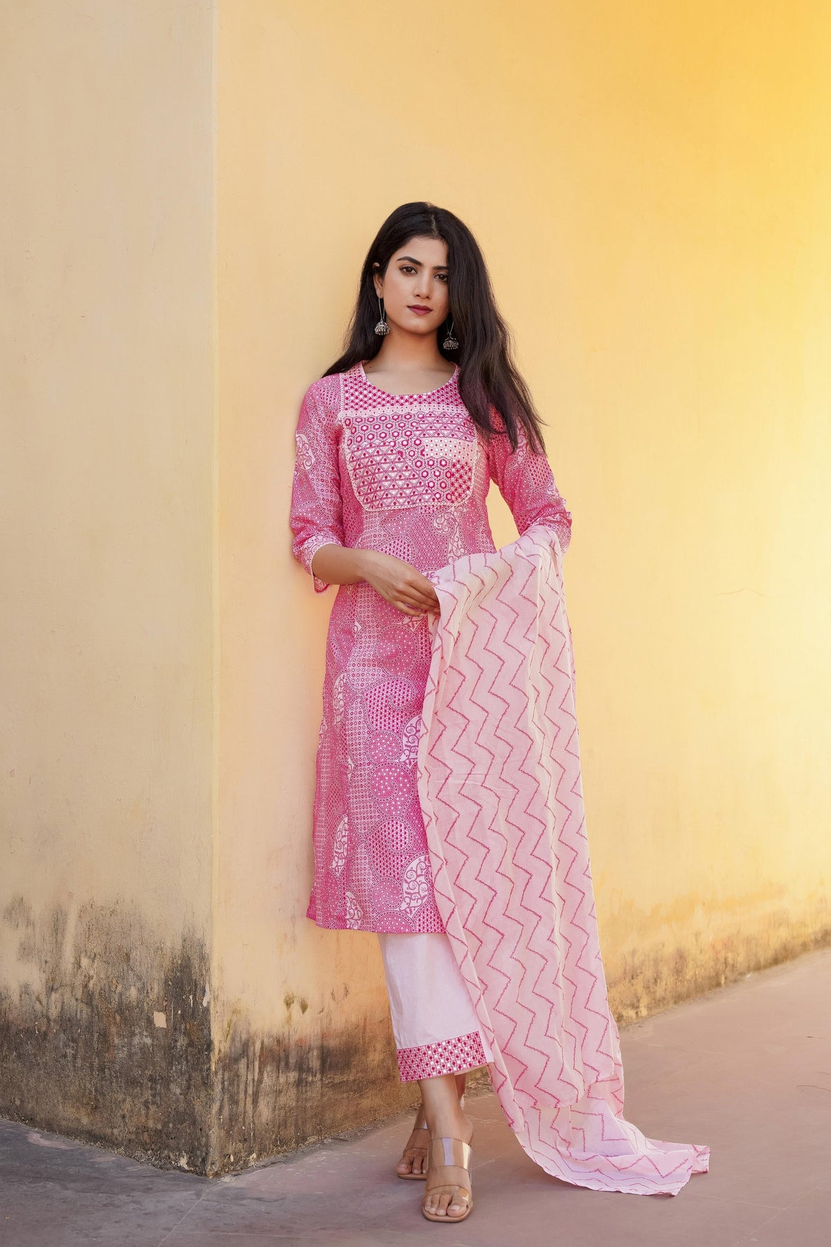 Juniper Light Pink Ethnic Motif Printed Kurta Pant And Dupatta Set With Mirror & Thread Work