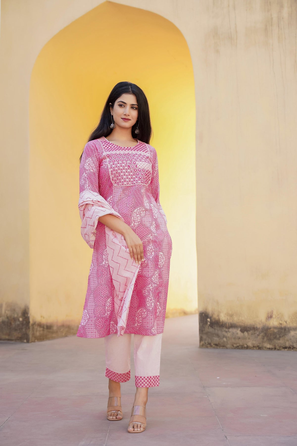 Juniper Light Pink Ethnic Motif Printed Kurta Pant And Dupatta Set With Mirror & Thread Work