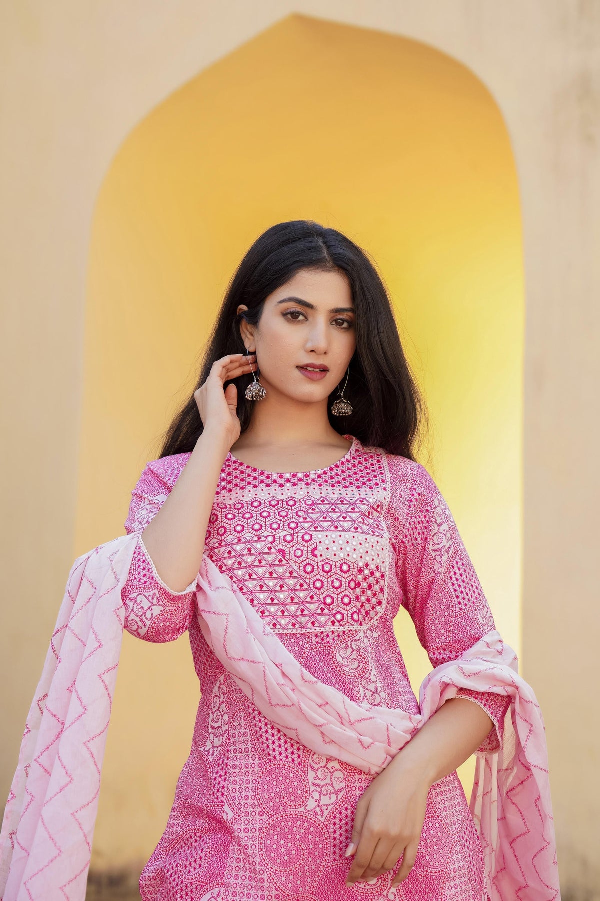 Juniper Light Pink Ethnic Motif Printed Kurta Pant And Dupatta Set With Mirror & Thread Work