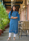 Juniper Blue Ethnic Motif Printed Viscose Kurta With Button Closure