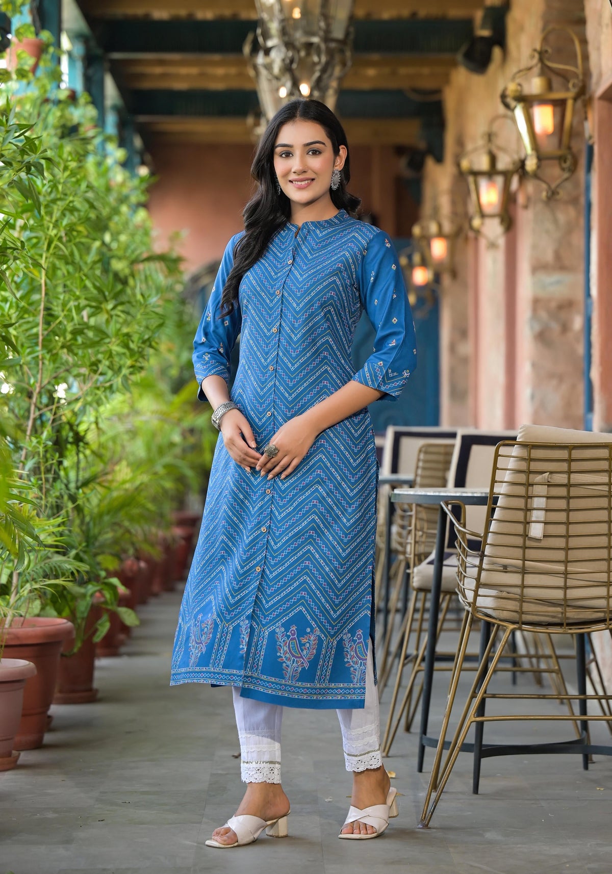 Juniper Blue Ethnic Motif Printed Viscose Kurta With Button Closure