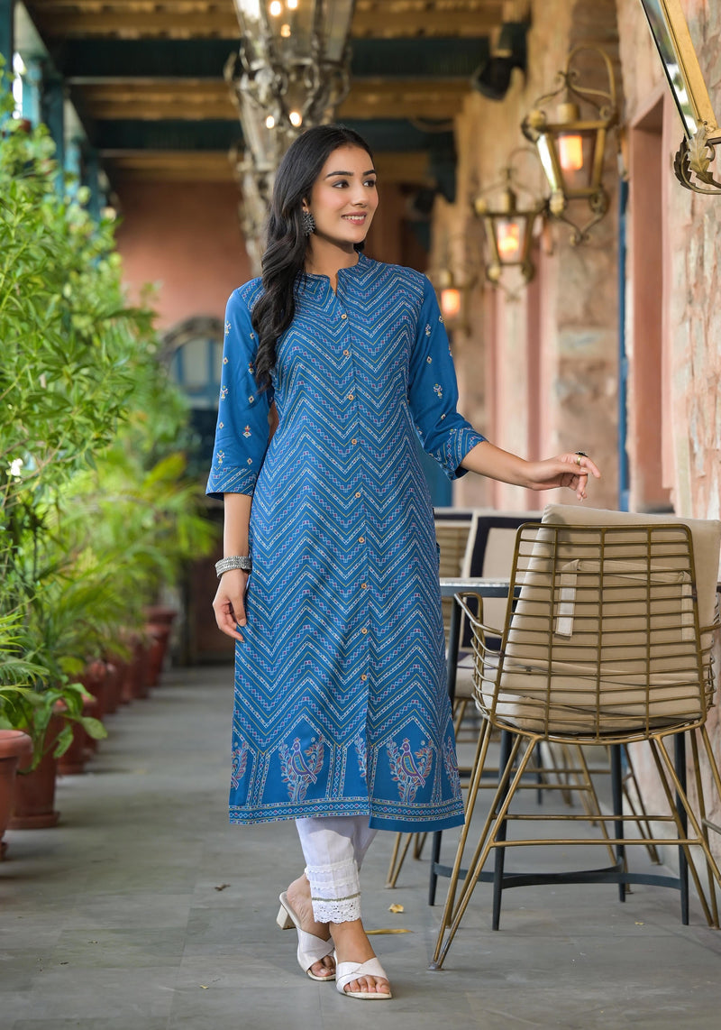 Juniper Blue Ethnic Motif Printed Viscose Kurta With Button Closure
