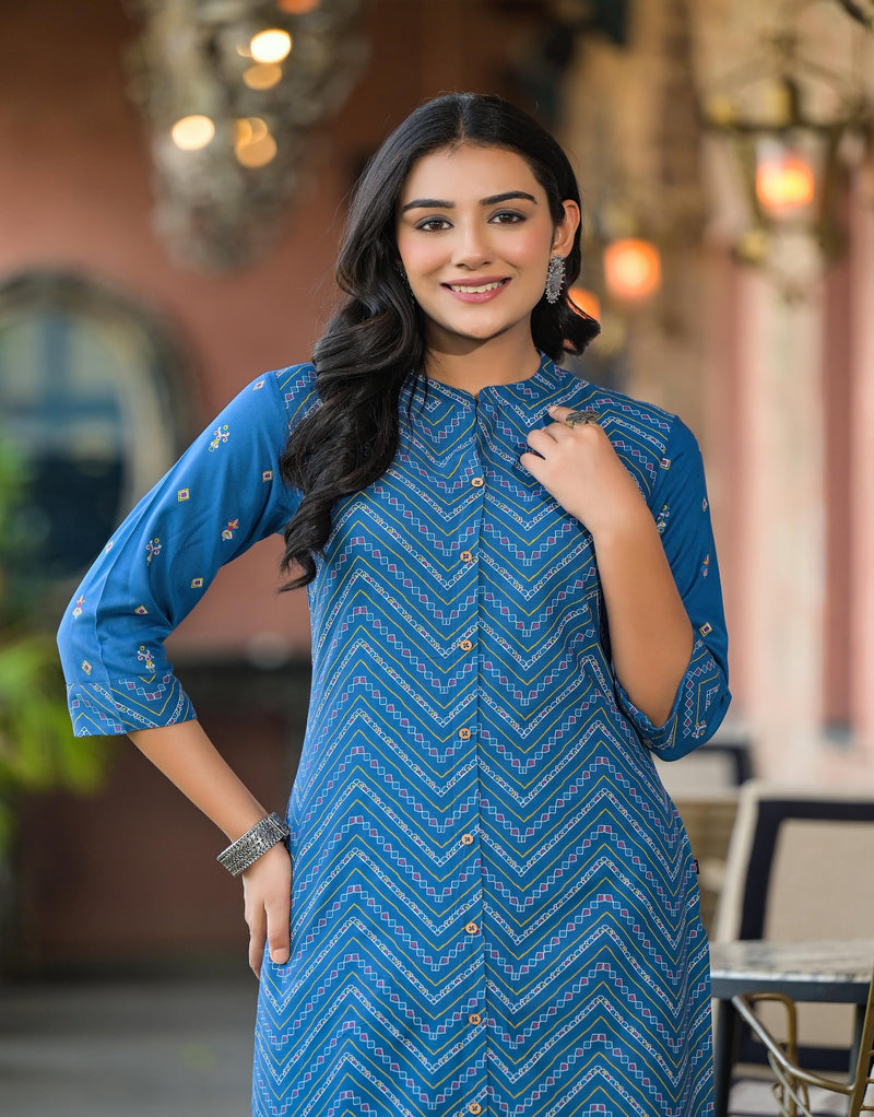 Juniper Blue Ethnic Motif Printed Viscose Kurta With Button Closure