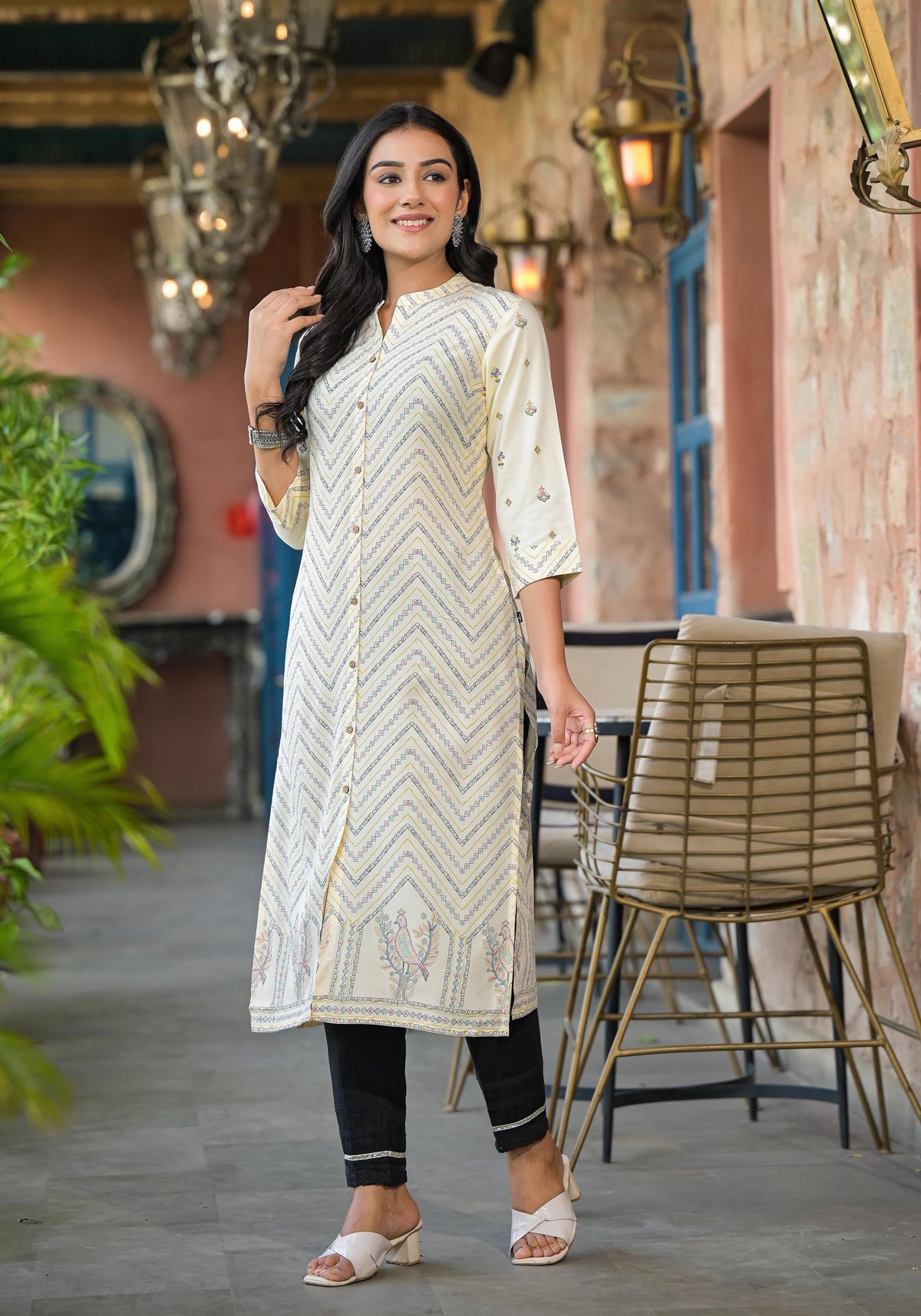 Juniper Ivory Ethnic Motif Printed Viscose Kurta With Button Closure