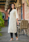 Juniper Ivory Ethnic Motif Printed Viscose Kurta With Button Closure