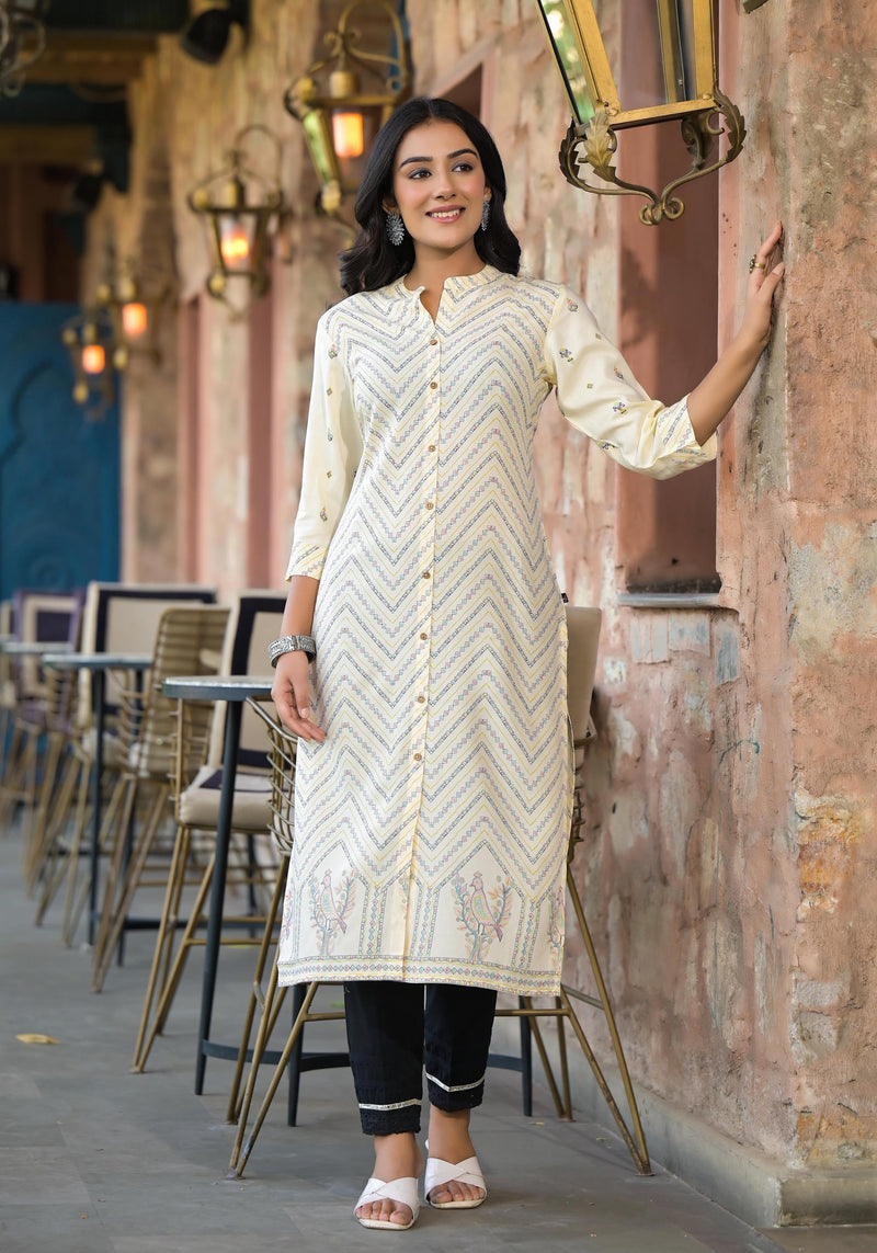 Juniper Ivory Ethnic Motif Printed Viscose Kurta With Button Closure