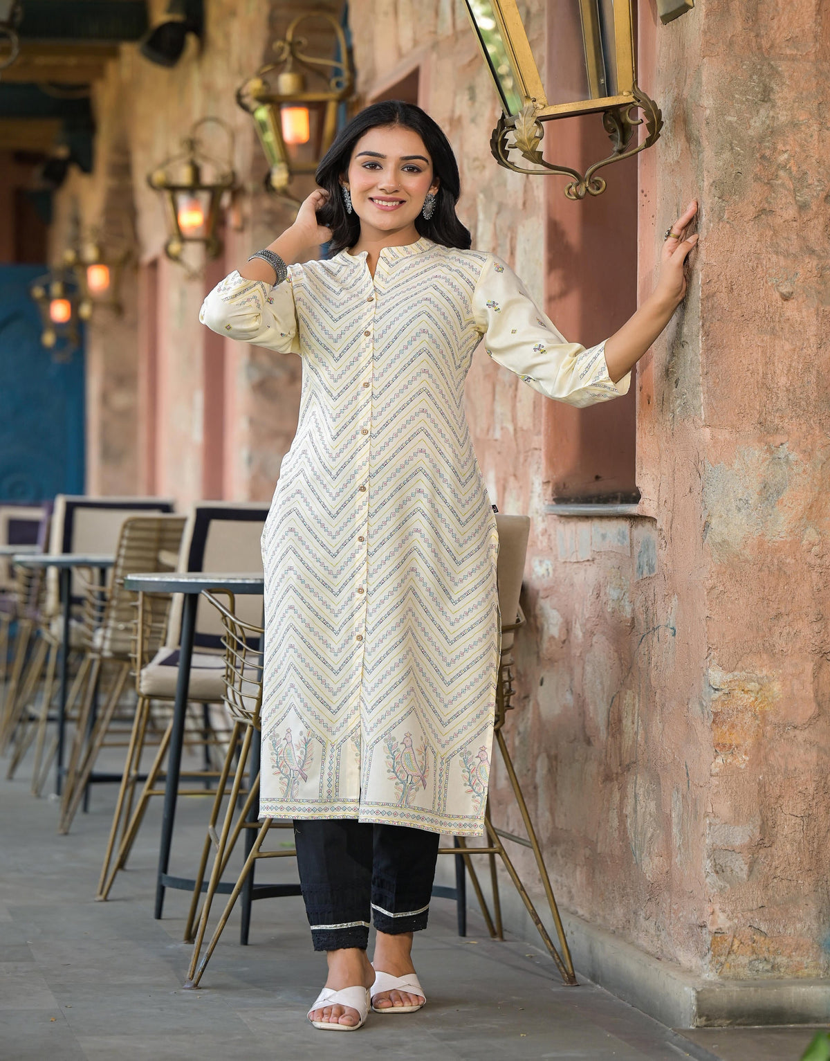 Juniper Ivory Ethnic Motif Printed Viscose Kurta With Button Closure