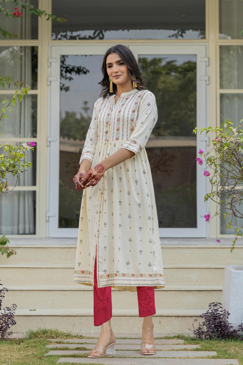 Juniper Ivory Floral Printed Cotton Kurta With Thread Work & Lace