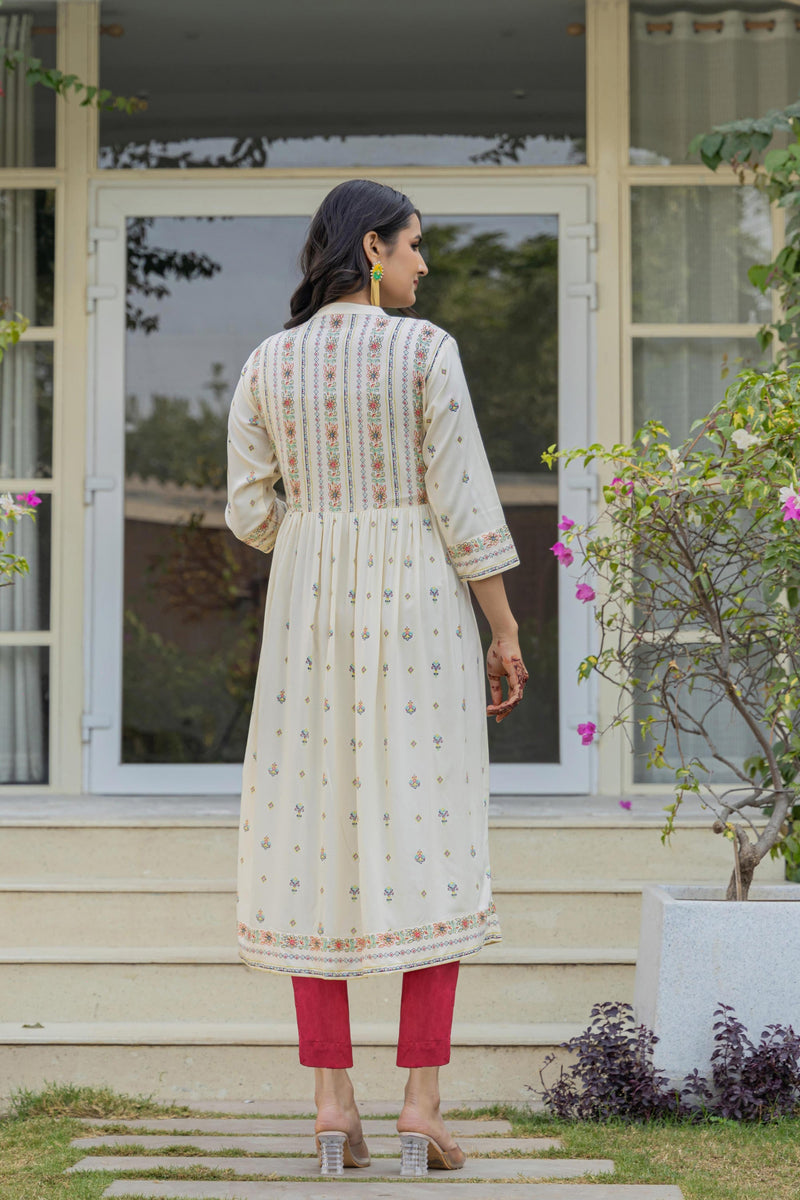 Juniper Ivory Floral Printed Cotton Kurta With Thread Work & Lace