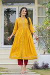 Juniper Mustard Floral Printed Cotton Kurta With Thread Work & Lace