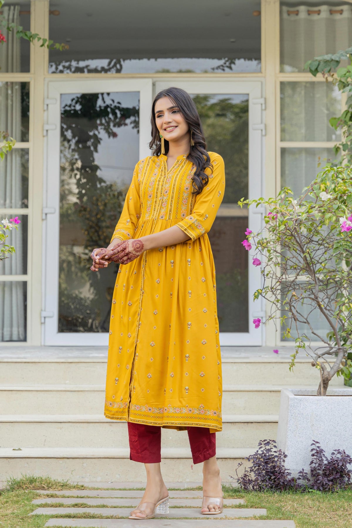 Juniper Mustard Floral Printed Cotton Kurta With Thread Work & Lace