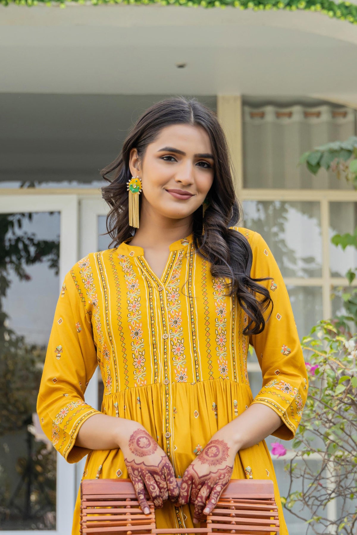Juniper Mustard Floral Printed Cotton Kurta With Thread Work & Lace