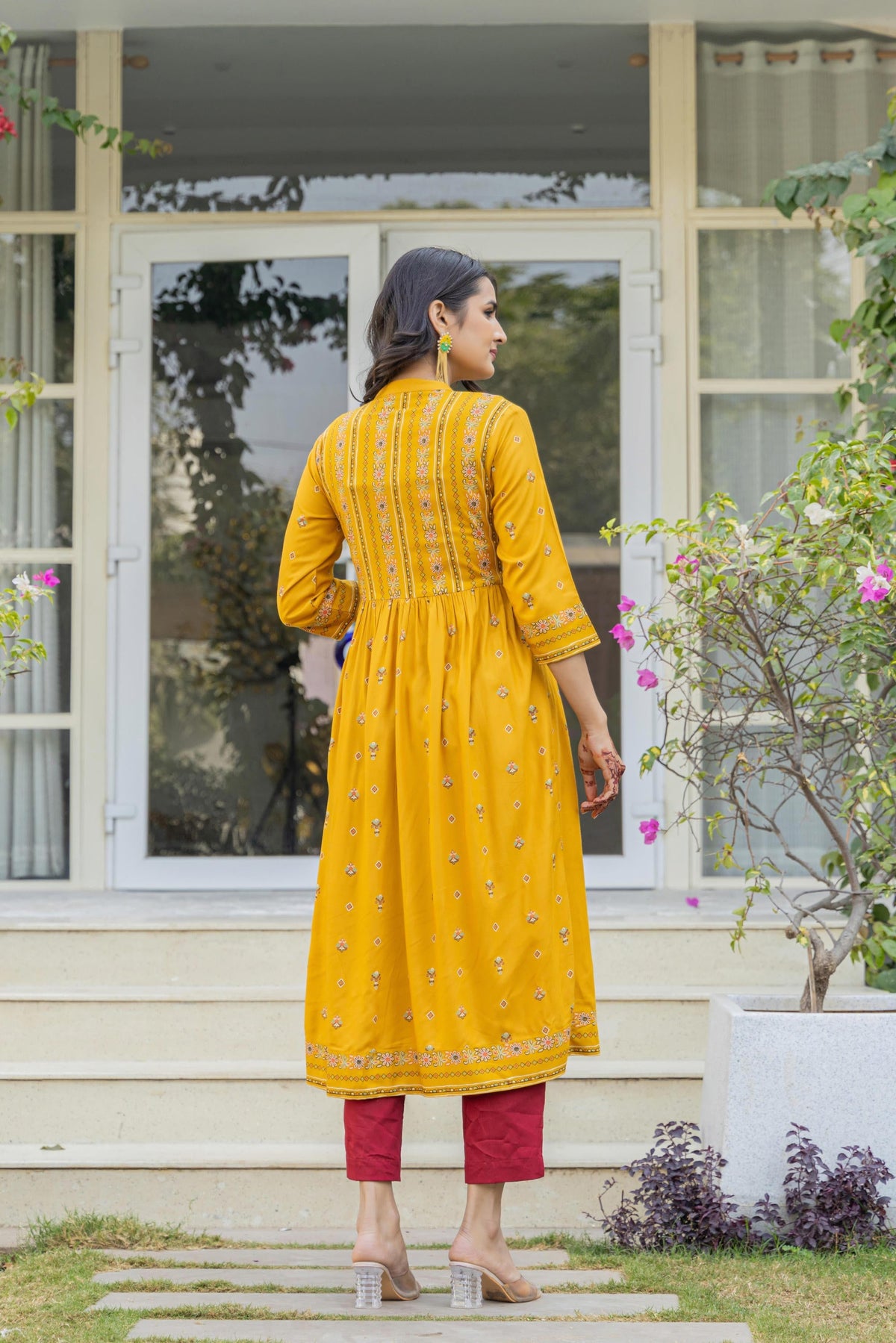 Juniper Mustard Floral Printed Cotton Kurta With Thread Work & Lace