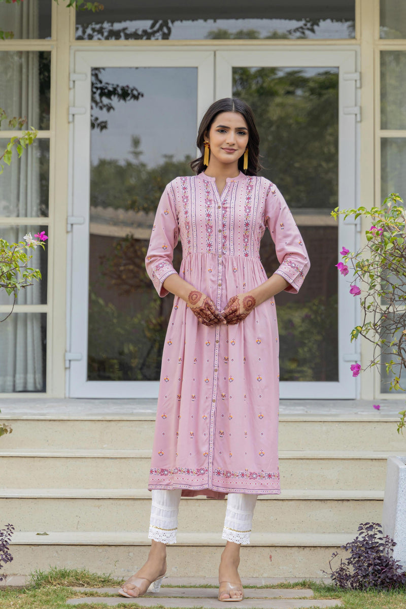 Juniper Pink Floral Printed Viscose Kurta With Buttons