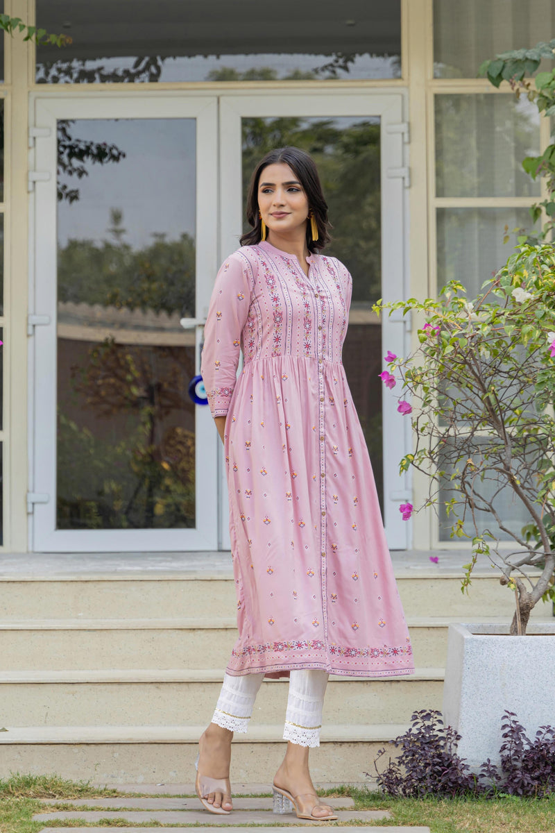 Juniper Pink Floral Printed Viscose Kurta With Buttons