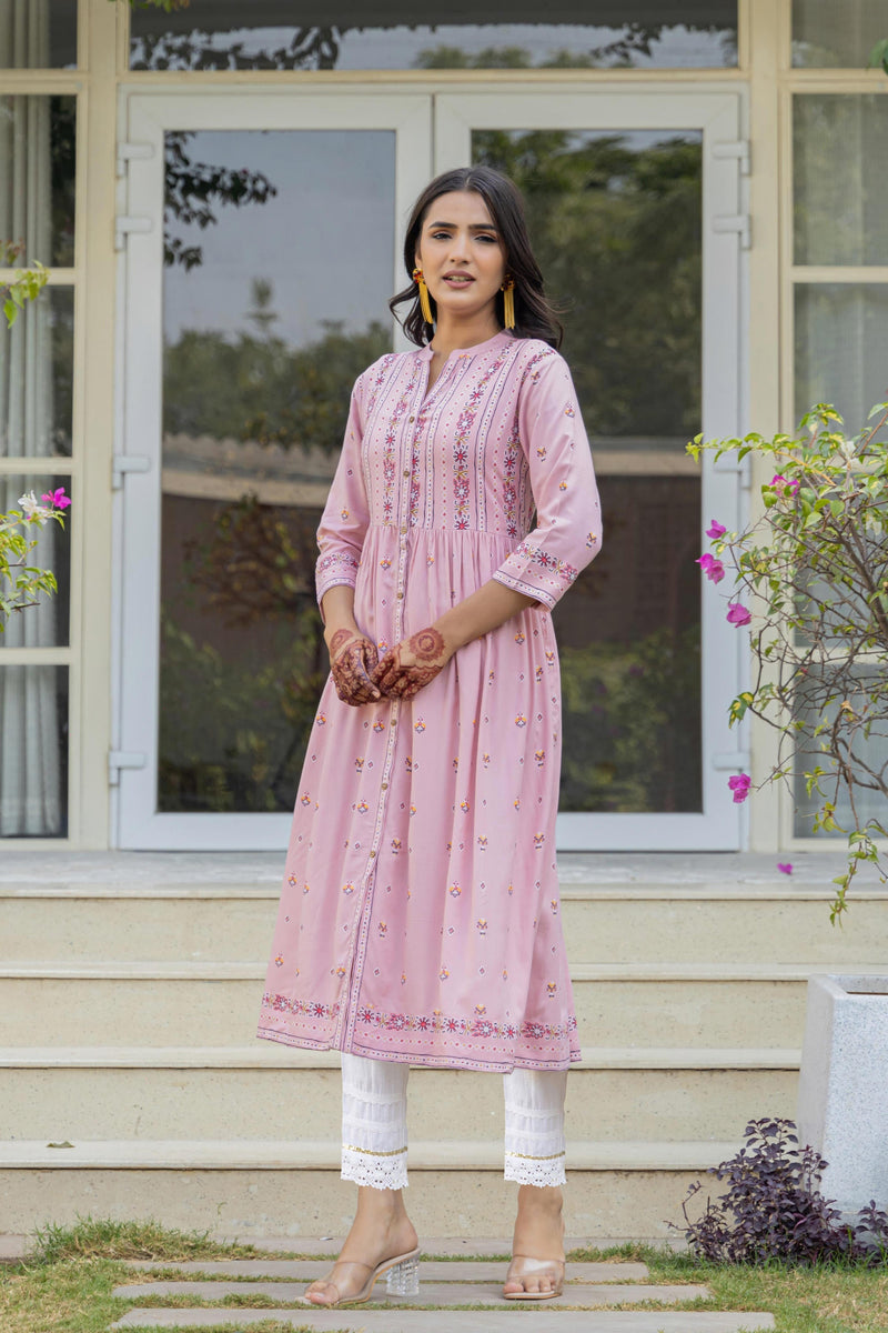 Juniper Pink Floral Printed Viscose Kurta With Buttons