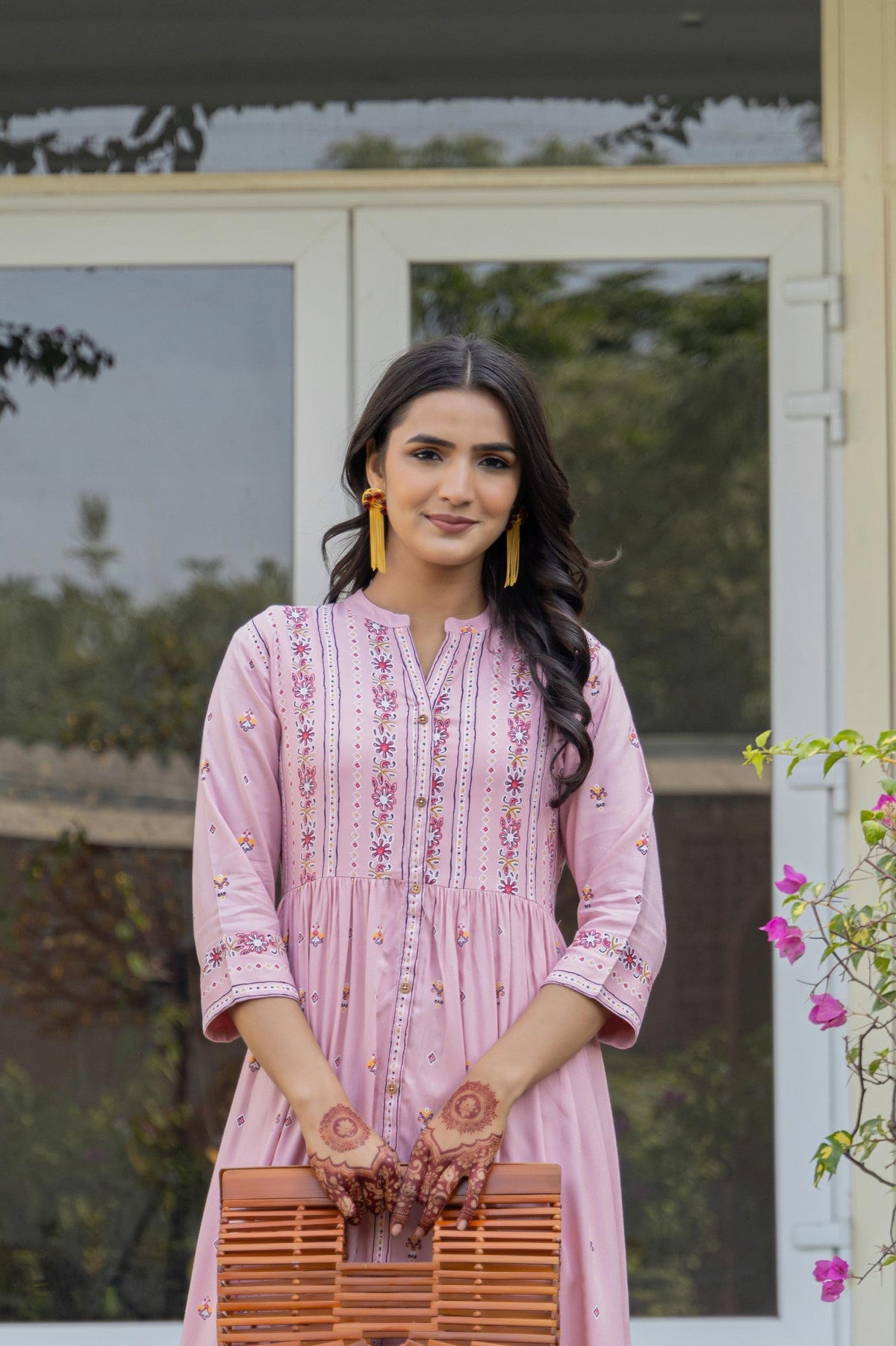Juniper Pink Floral Printed Viscose Kurta With Buttons
