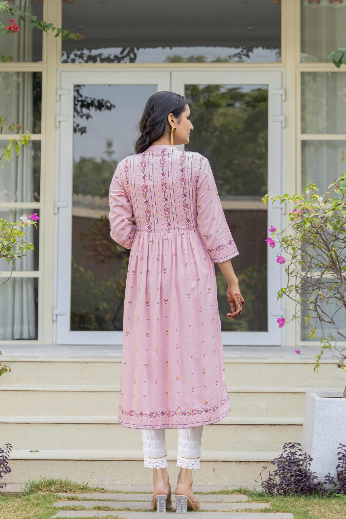 Juniper Pink Floral Printed Viscose Kurta With Buttons
