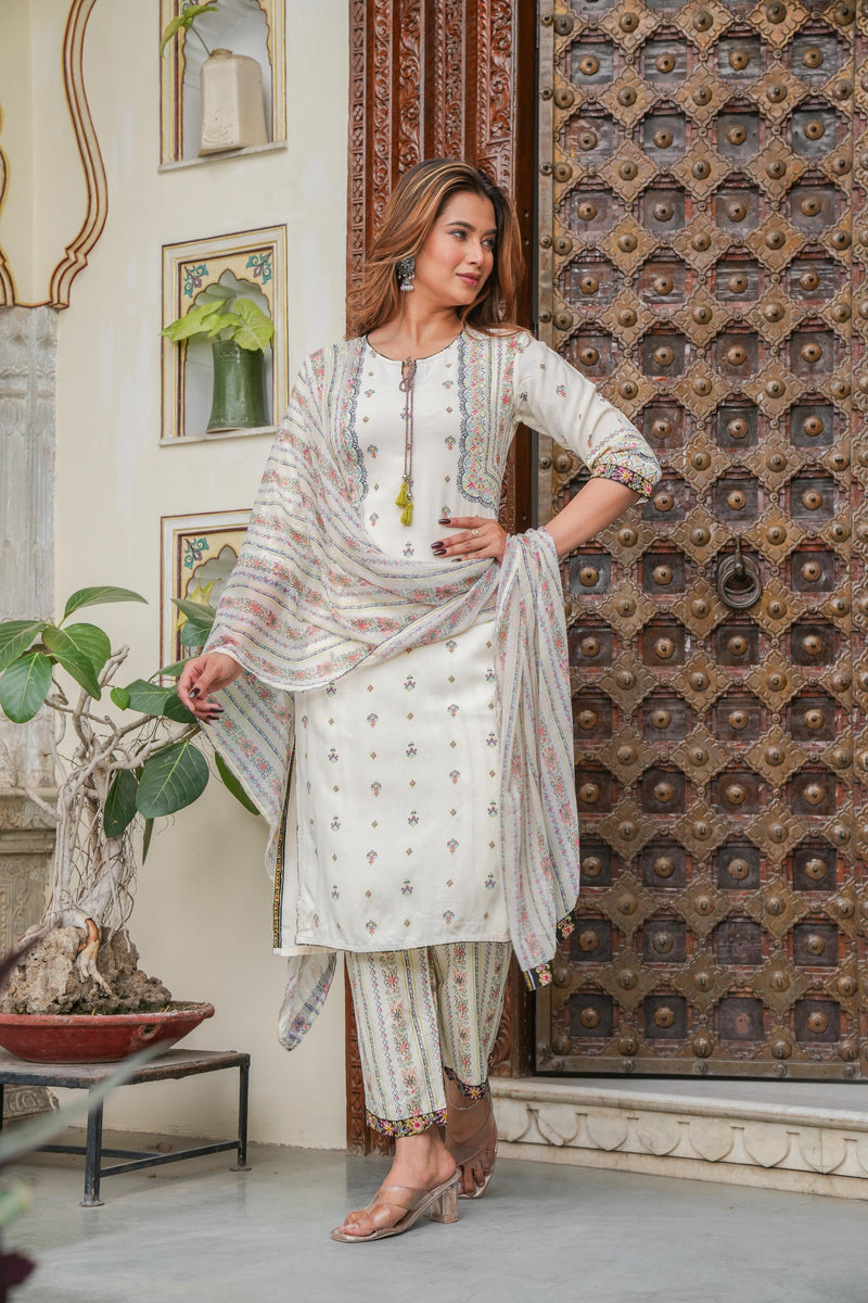 Juniper Off White Printed Kurta , Printed Bottom And Floral Dupatta With Dori And Tassel