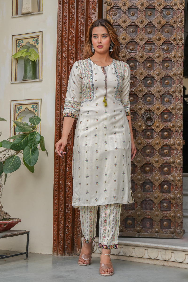 Juniper Off White Printed Kurta , Printed Bottom And Floral Dupatta With Dori And Tassel