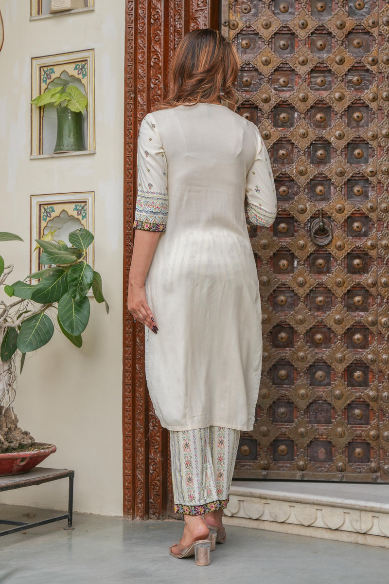Juniper Off White Printed Kurta , Printed Bottom And Floral Dupatta With Dori And Tassel