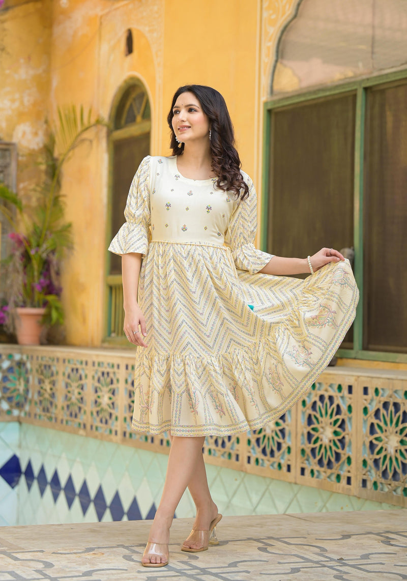 Juniper Ivory Ethnic Motif Printed Viscose Short Dress With Dori