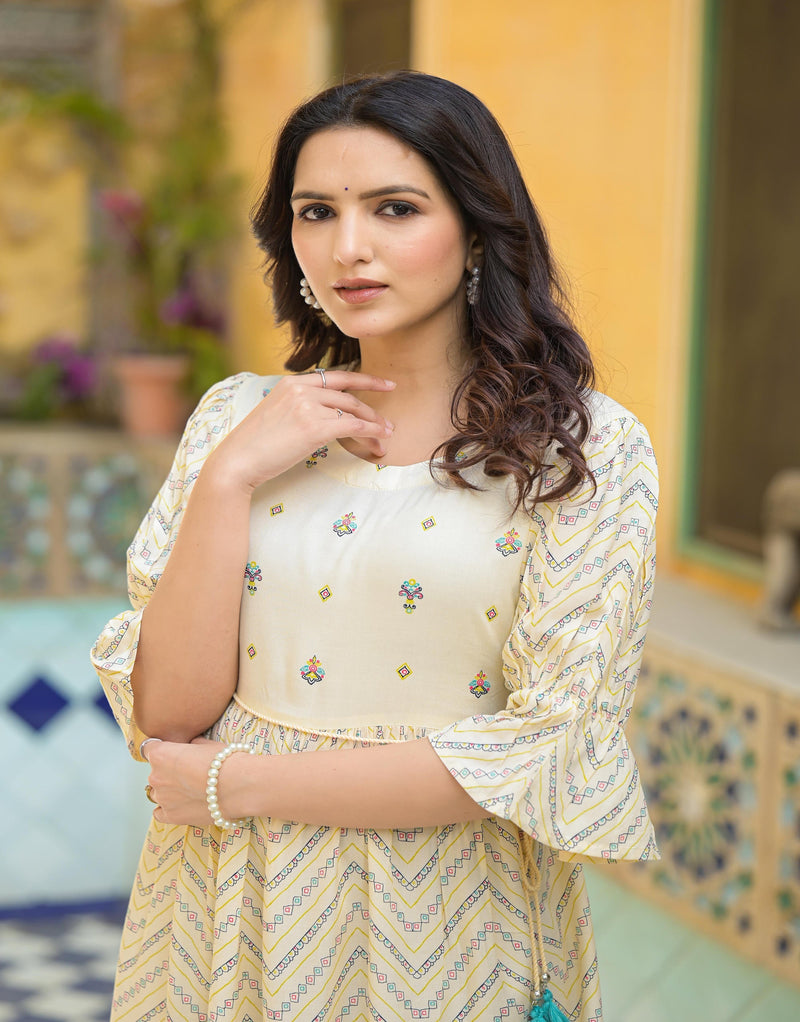 Juniper Ivory Ethnic Motif Printed Viscose Short Dress With Dori