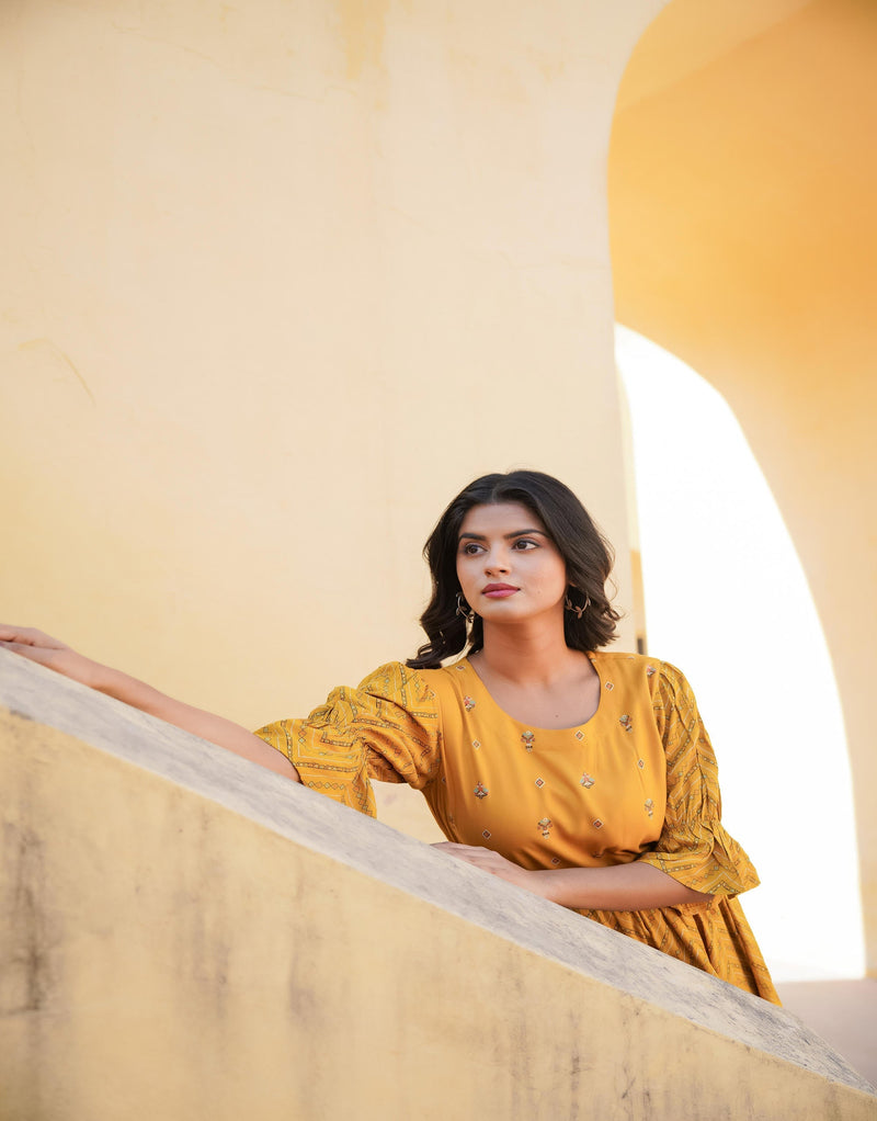 Juniper Mustard Ethnic Motif Printed Viscose Short Dress With Dori