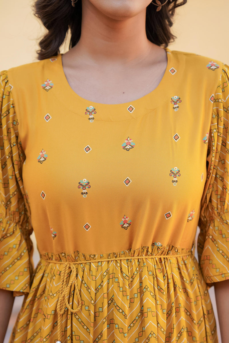 Juniper Mustard Ethnic Motif Printed Viscose Short Dress With Dori
