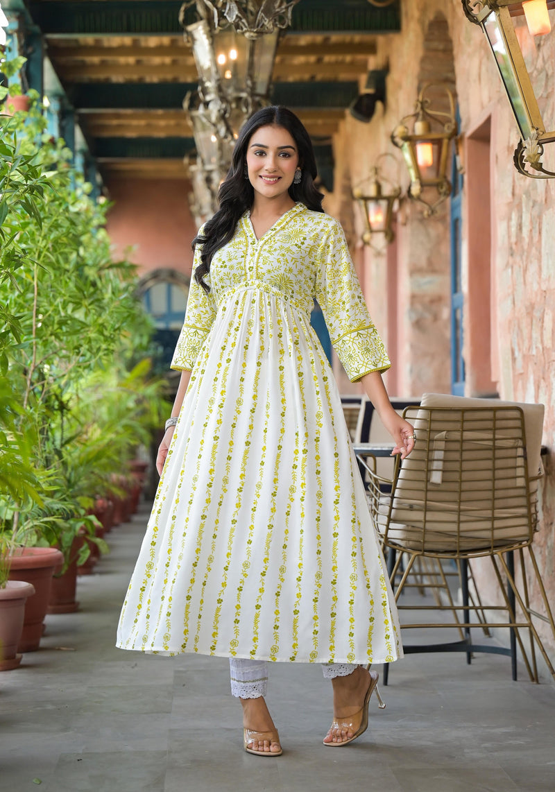 Juniper Off White & Lime Floral Printed Viscose Kurta With Sequins & Thread Work