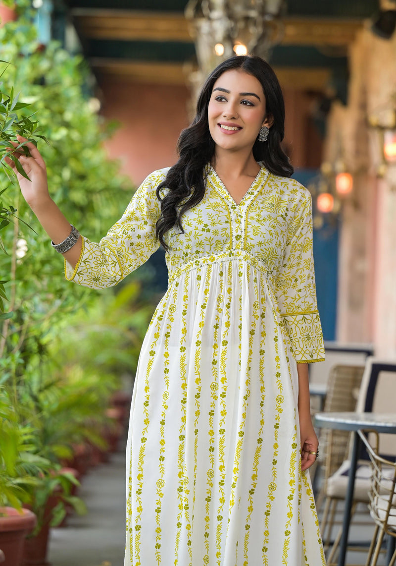 Juniper Off White & Lime Floral Printed Viscose Kurta With Sequins & Thread Work