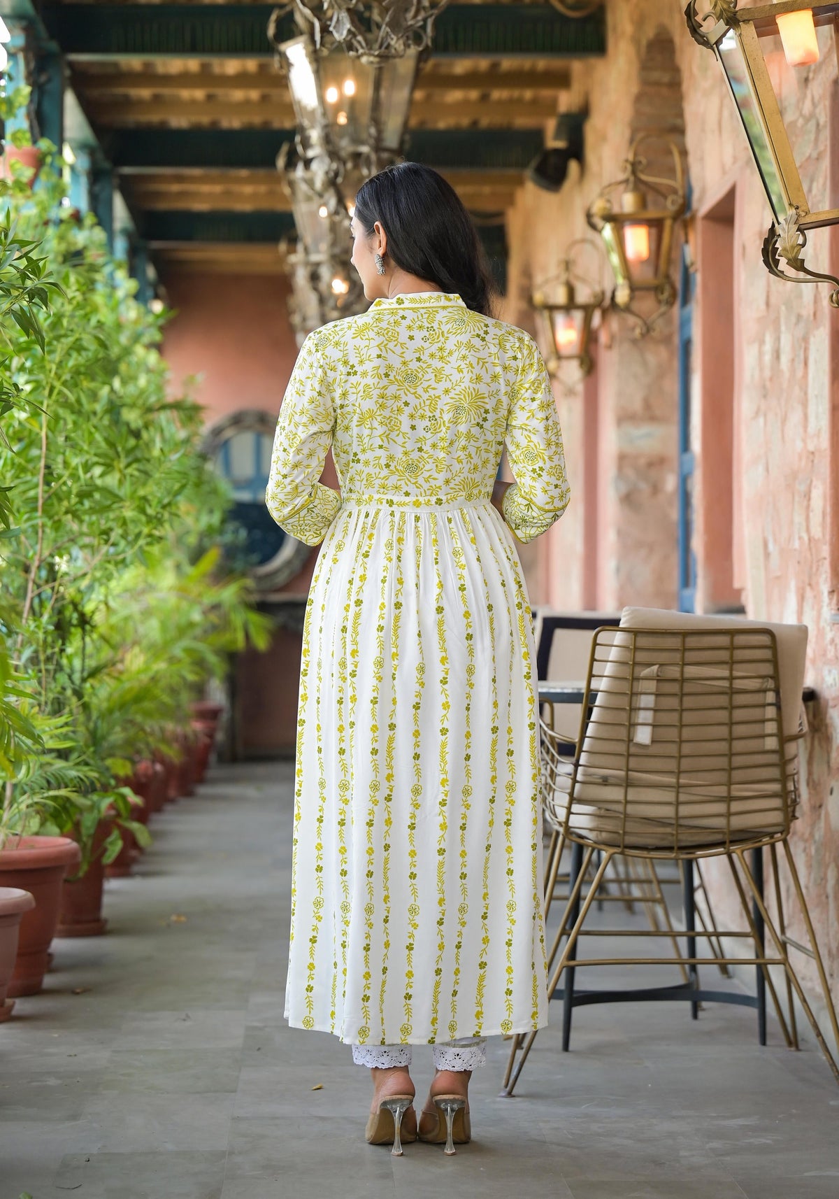 Juniper Off White & Lime Floral Printed Viscose Kurta With Sequins & Thread Work