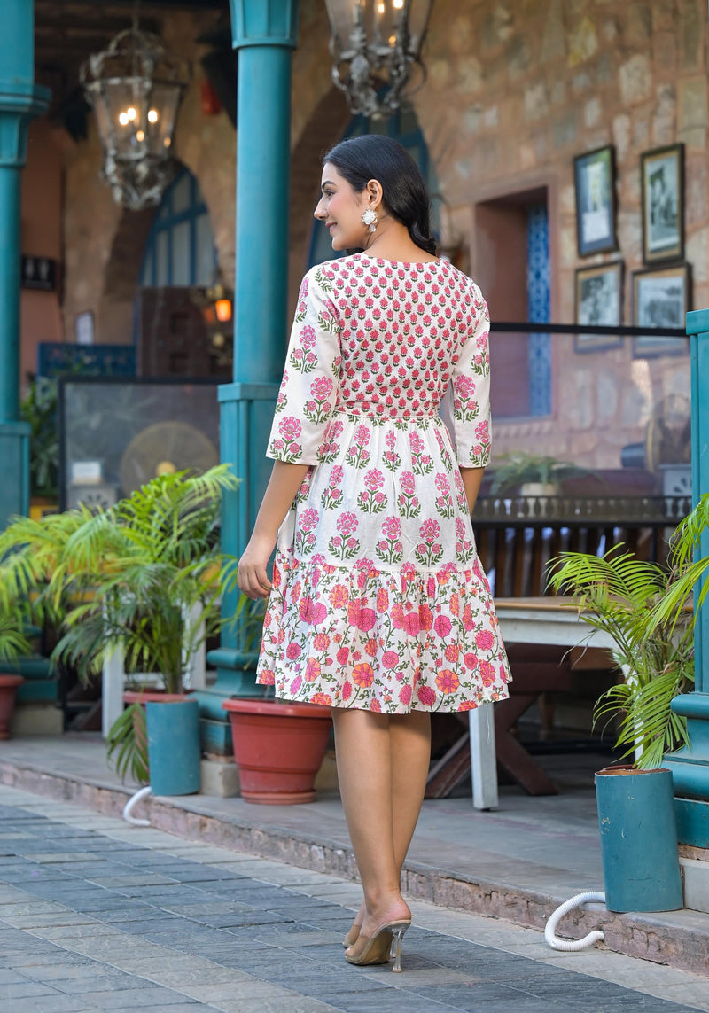 Juniper Off Lime Floral Printed Cotton Short Dress With Doris