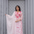 Juniper White & Pink Floral Printed Cotton Kurta Set With Thread & Mirror Work