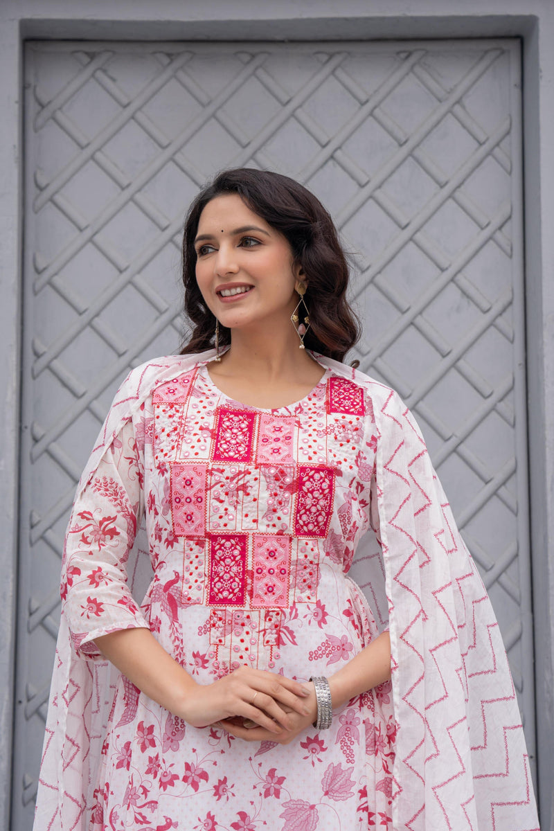 Juniper White & Pink Floral Printed Cotton Kurta Set With Thread & Mirror Work