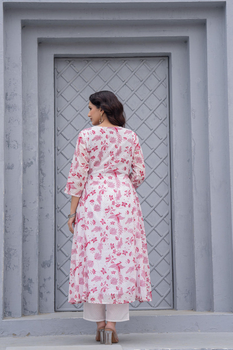 Juniper White & Pink Floral Printed Cotton Kurta Set With Thread & Mirror Work